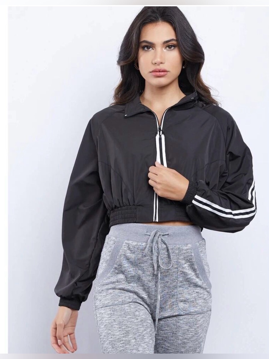 Love Tree Black Cropped Windbreaker With White Stripe Details